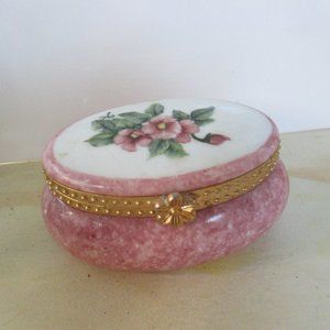 Hand Painted Oval Ceramic Trinket Box with gold bow clasp